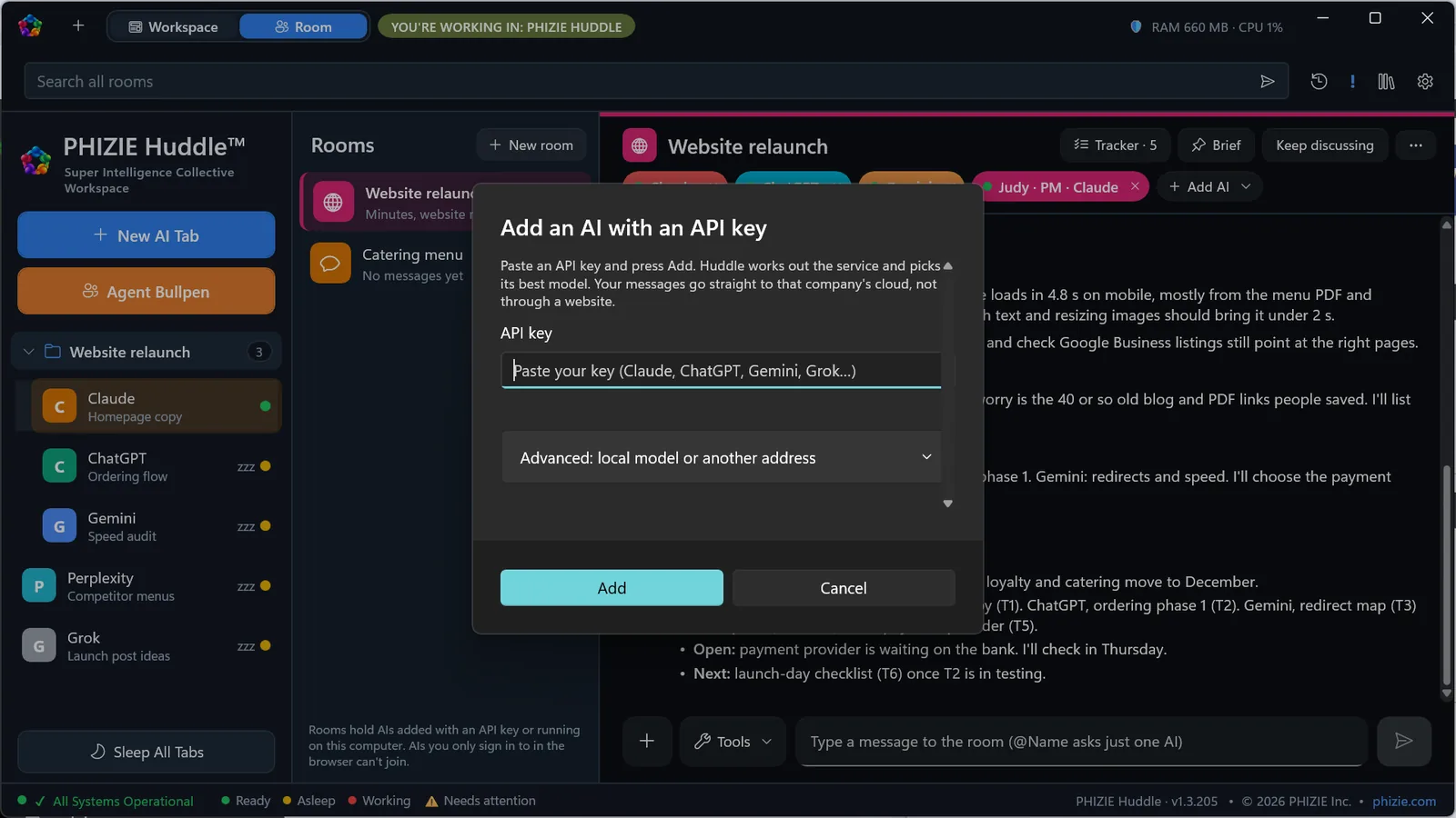 Adding a cloud AI with an API key, or a local model